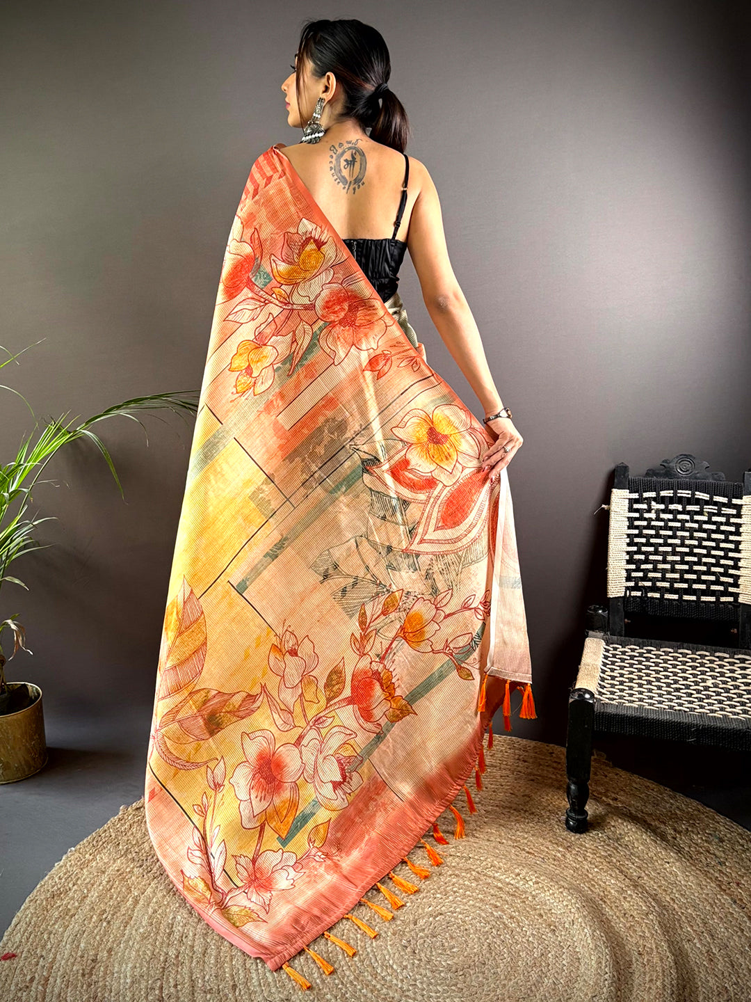 Orange Tussar Silk Lush Botanical Prints Saree