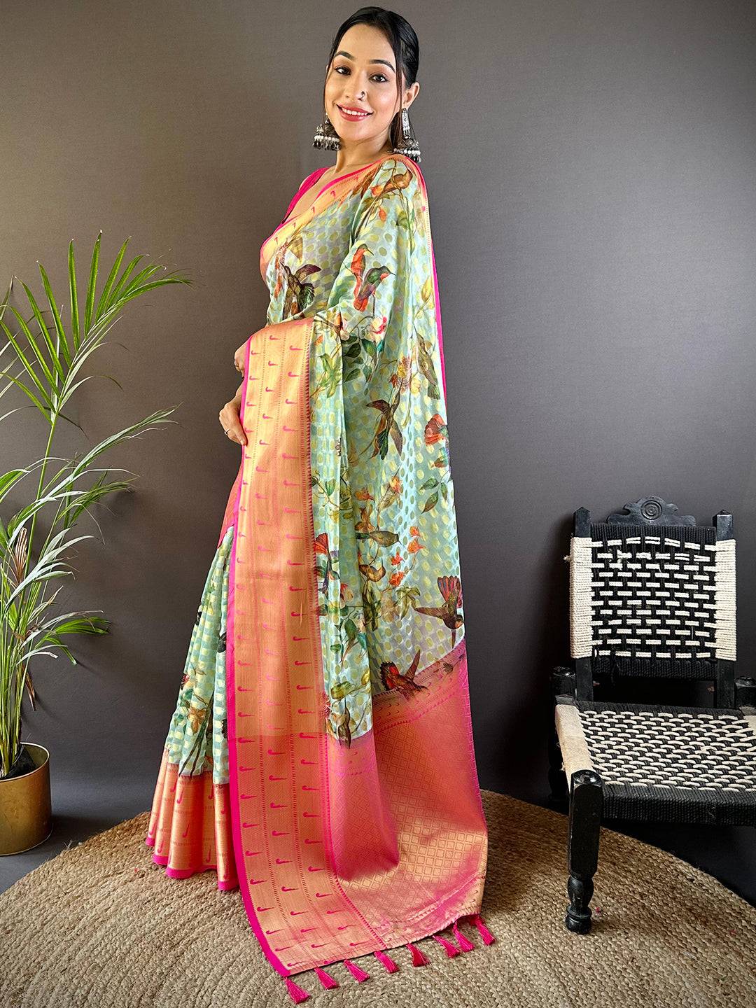 Mint Green Paithani Kora Silk Saree