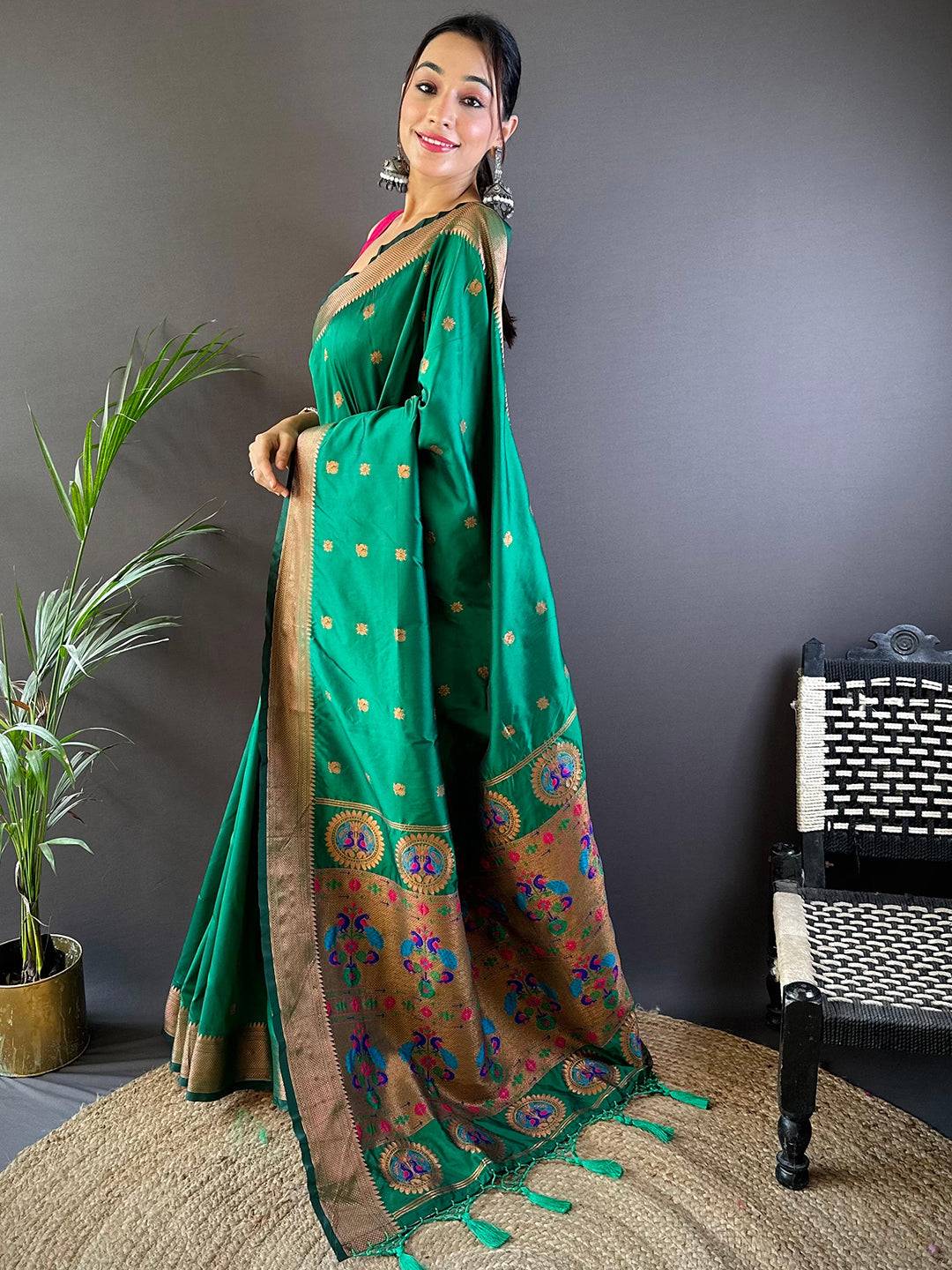 Jade Green Copper Elegance Soft Silk Saree