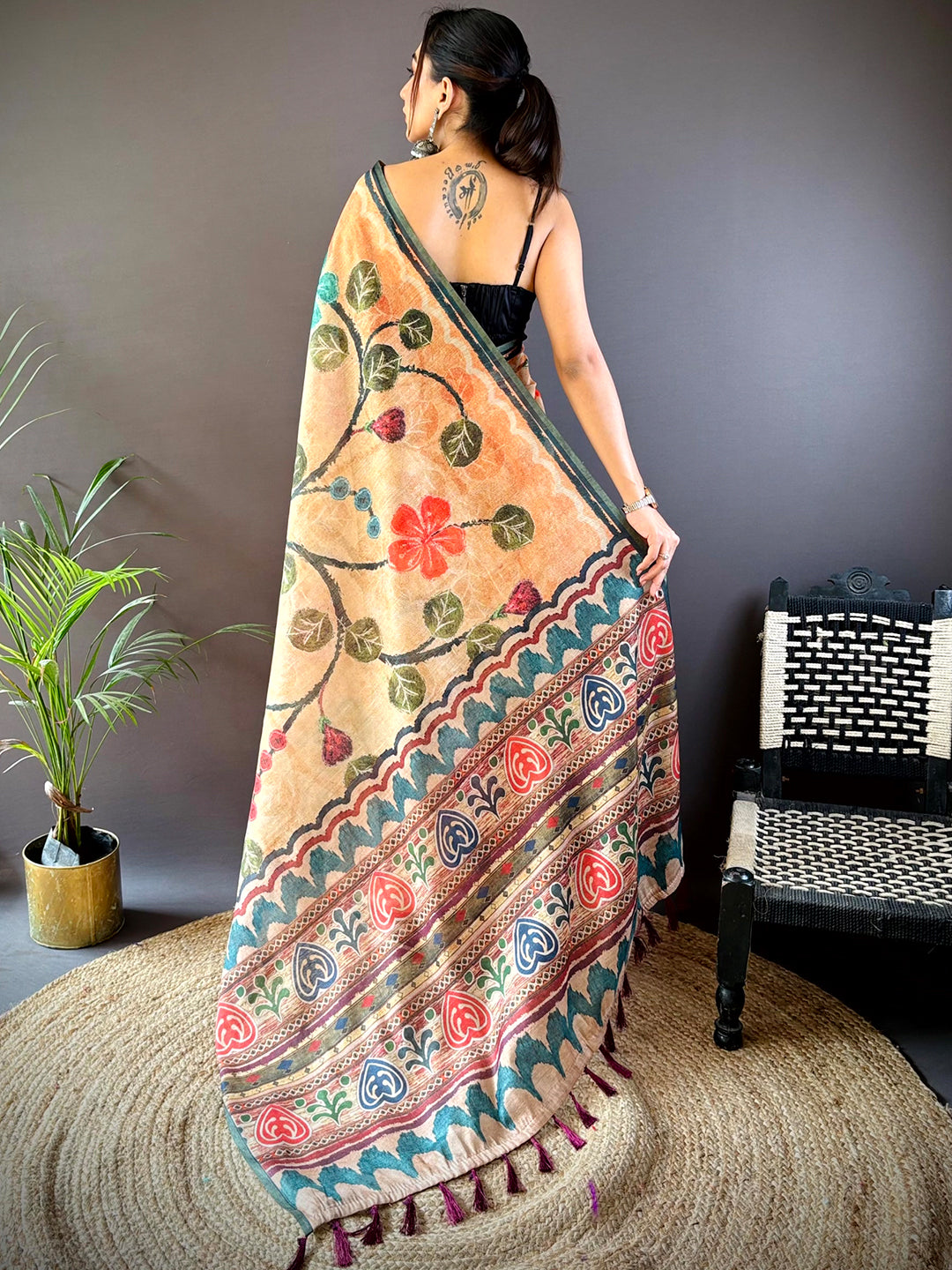 Light Peach Folklore Tissue Chanderi Saree