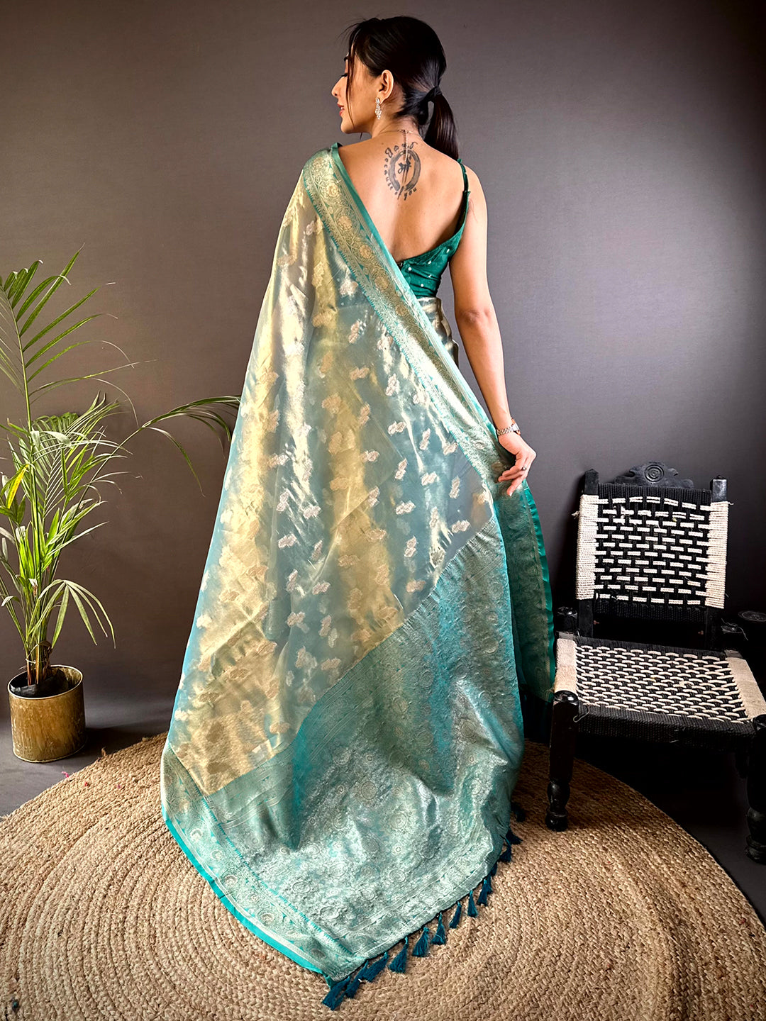 Elegant Teal Kora Tissue Saree