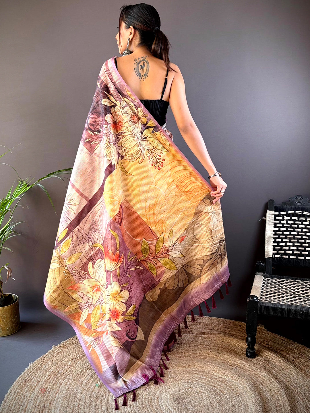 Back view of Wine Semi Zari Tussar Saree with floral pattern