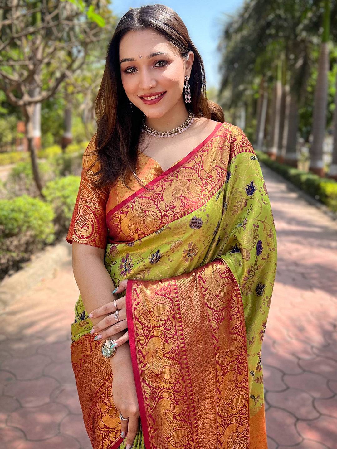 Light green Banarasi tissue silk saree with intricate design