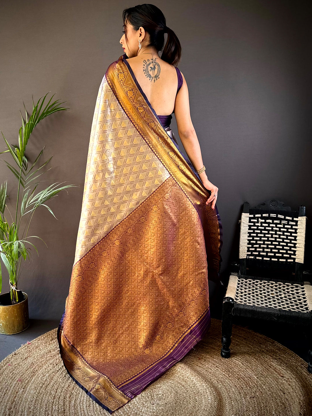 Wine Golden Geometrics With Floral Elegance Saree