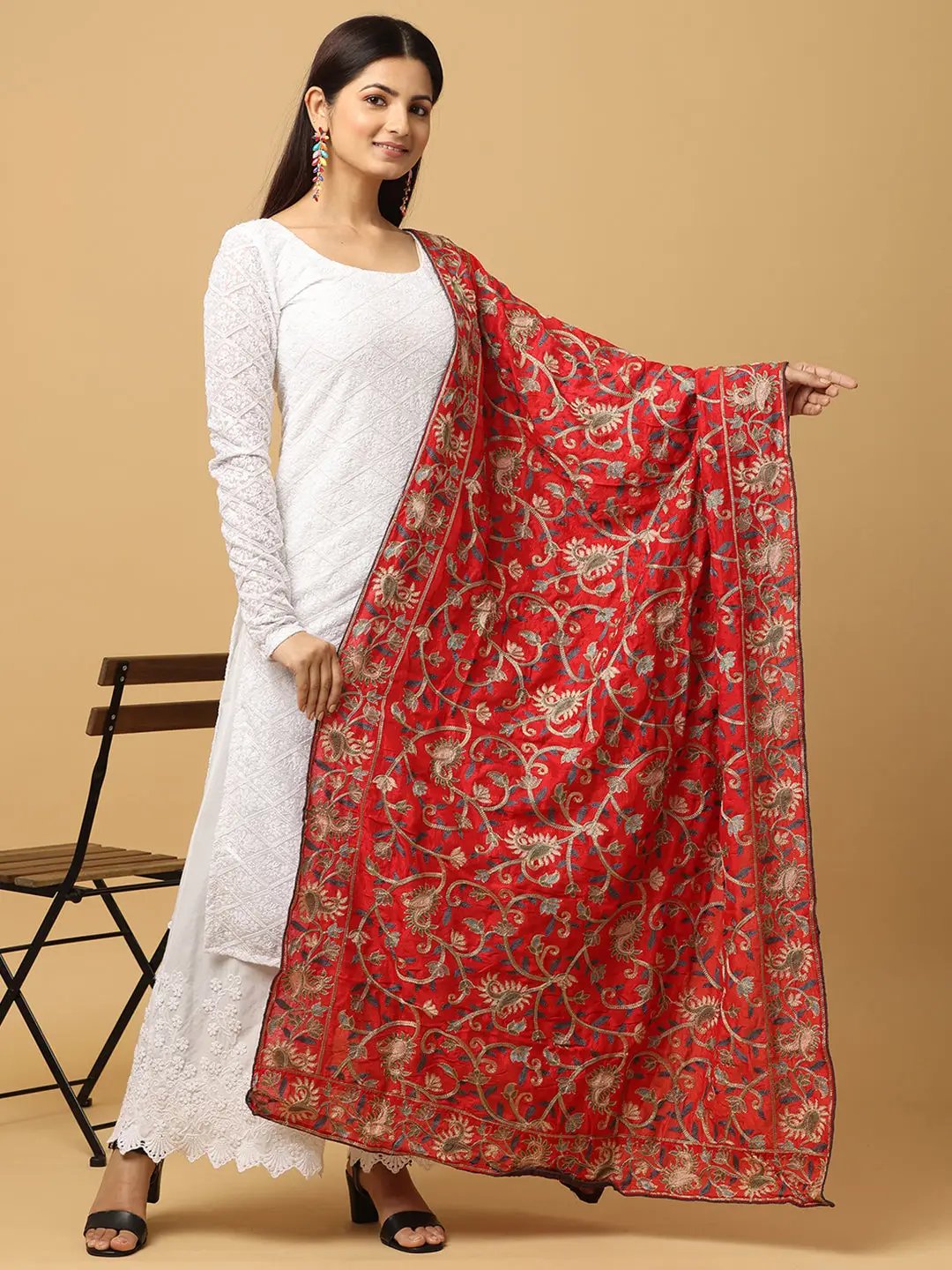 Stylish red poly chiffon pashmina dupatta with threadwork