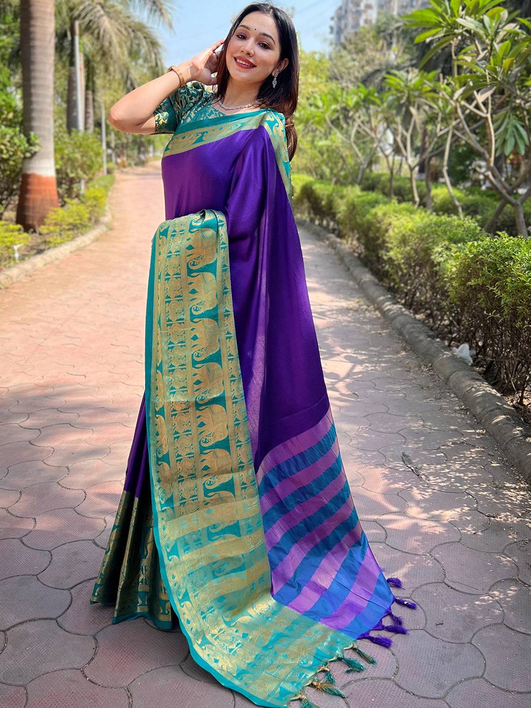 Aura Soft Silk Indigo Colour Saree With Self Weaving Broced Blouse