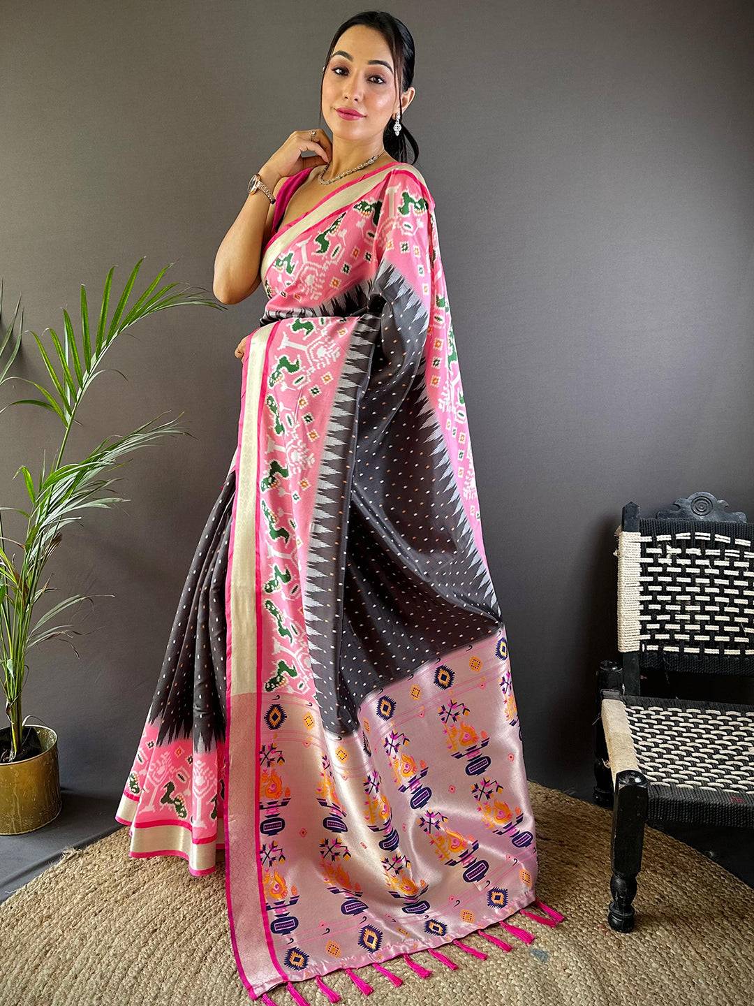 Black Ikkat Paithani Soft Silk Saree