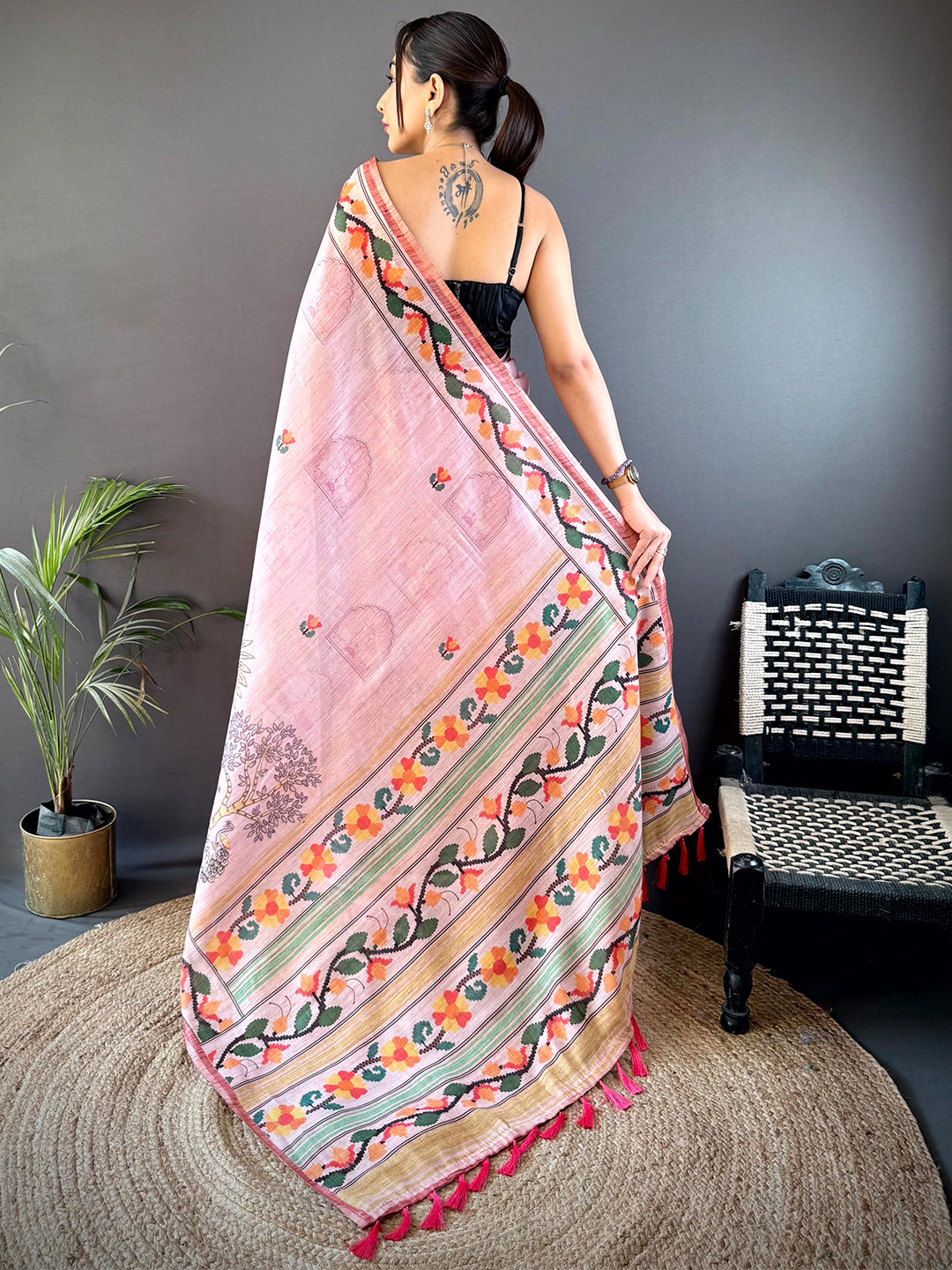 Blush Pink Jungle Floral Zari Tissue Saree