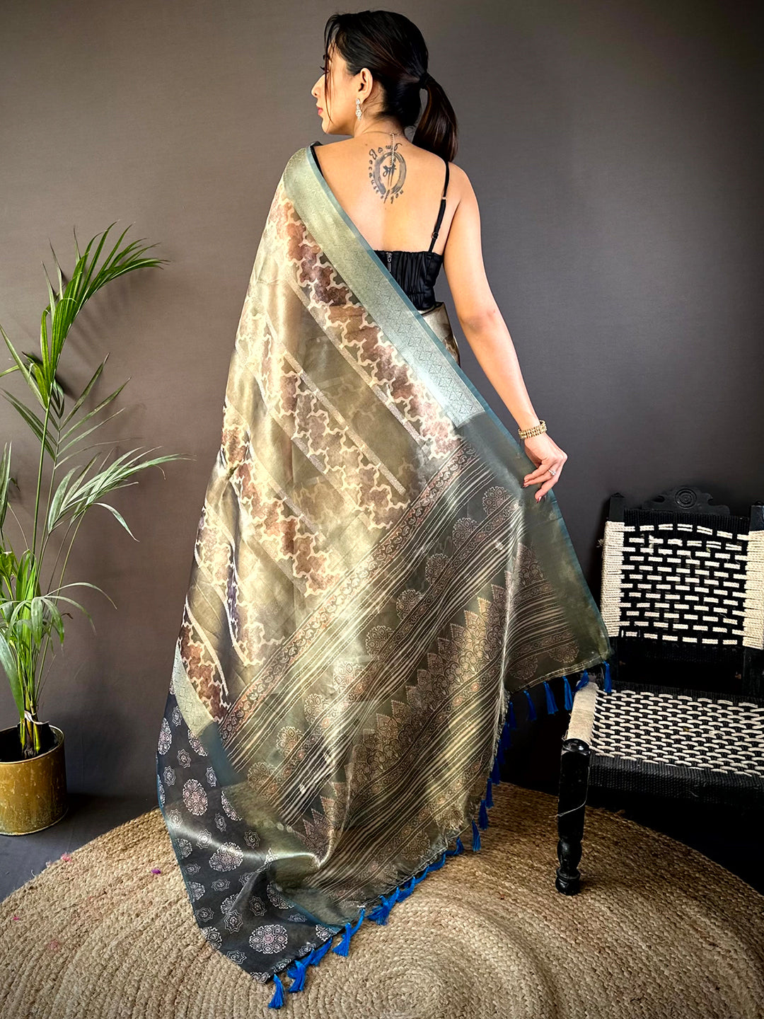 Light Green Tissue Striped Digital Printed Saree