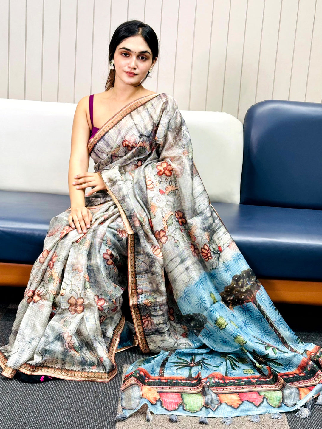 Grey Kota Doriya Silk Saree With Floral Print