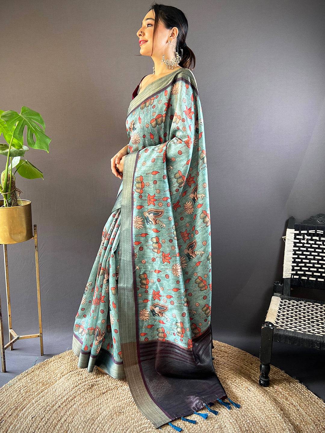 Sky Blue Kalamkari Tussar Silk Saree