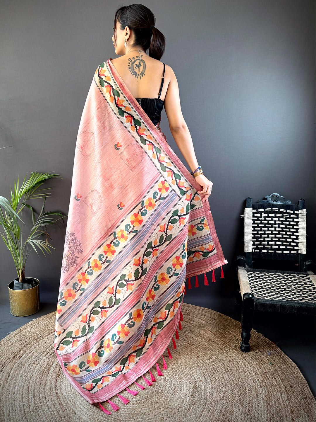 Crepe Pink Jungle Floral Zari Tissue Saree