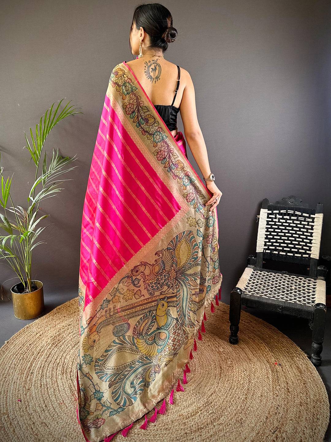 Pink Geometric Zari And Kalamkari Silk Saree