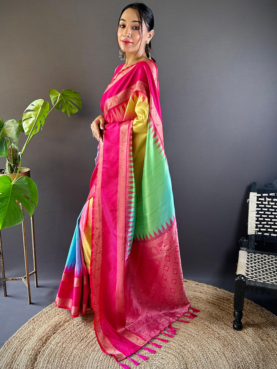 Vibrant Rainbow Ikkat Silk Saree