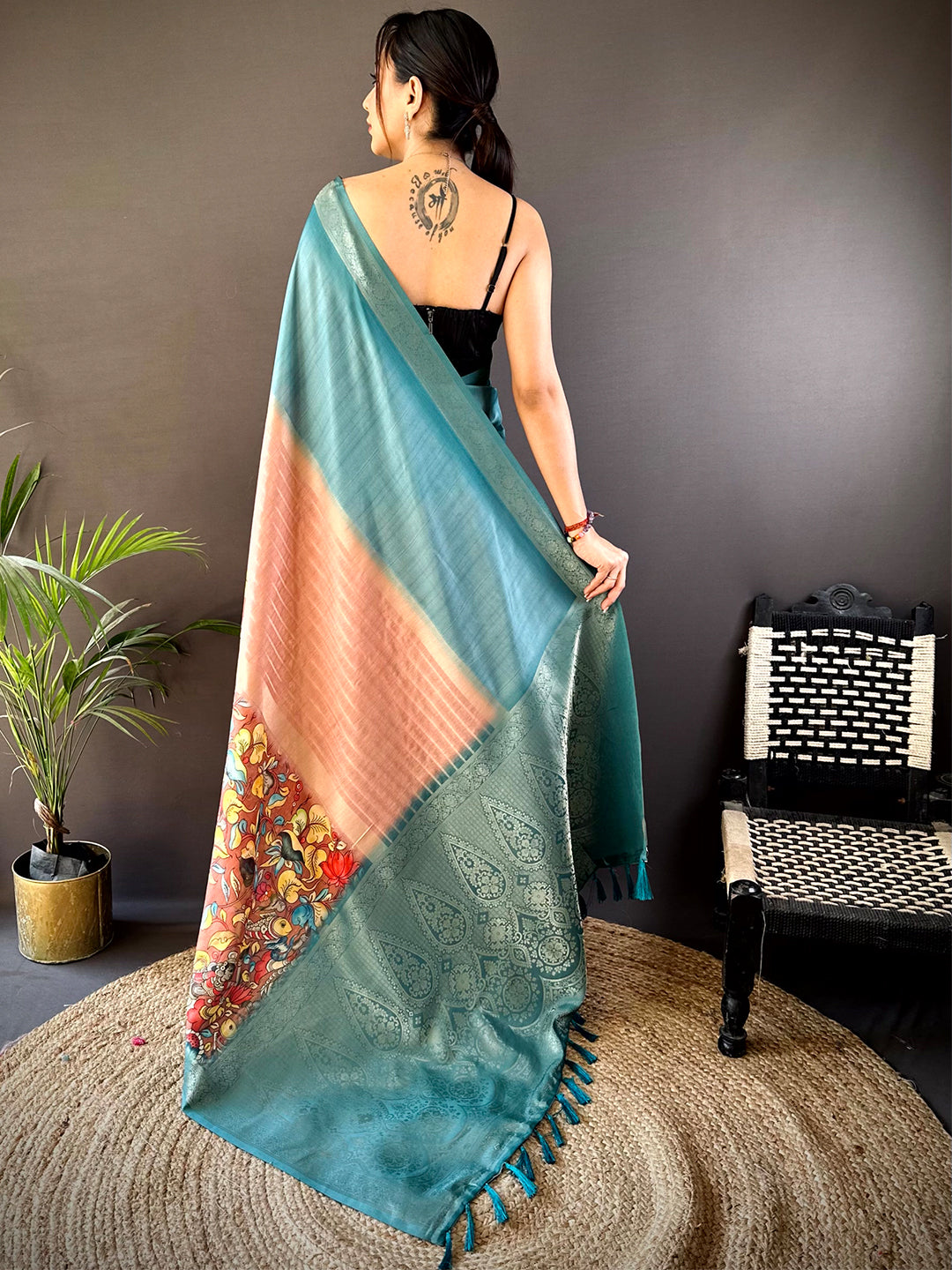 Deep Teal Kalamkari Ombre Soft Silk Saree