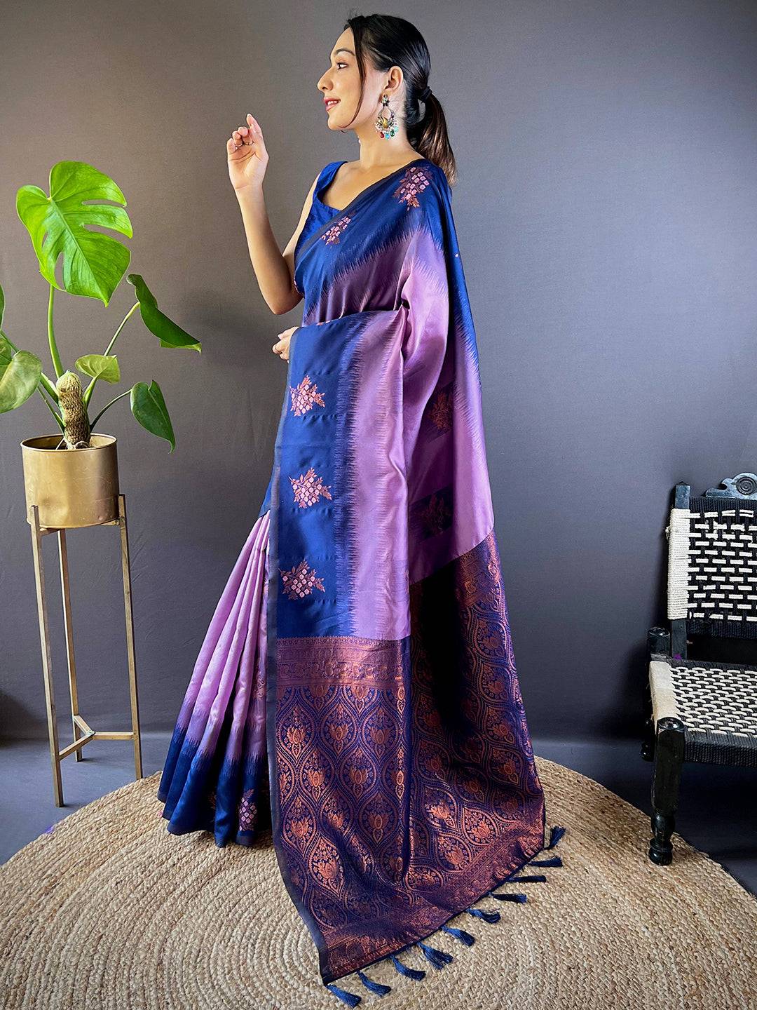 Elegant Violet Sami Banarasi Tussar Silk Saree display