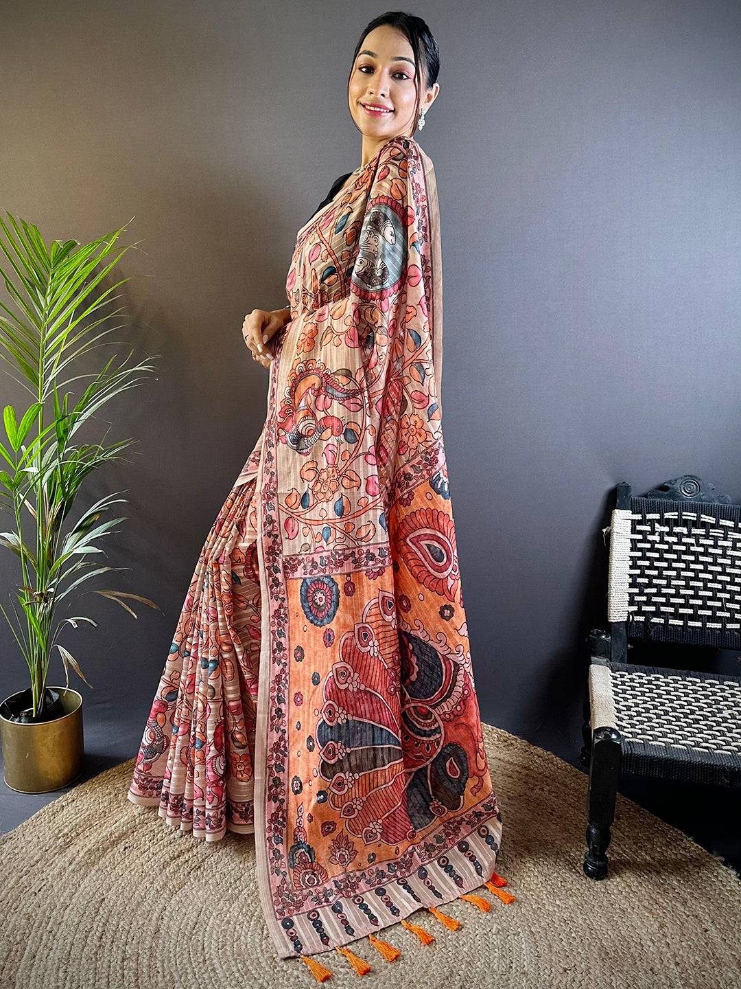 Crayola Peach Kalamkari Saree