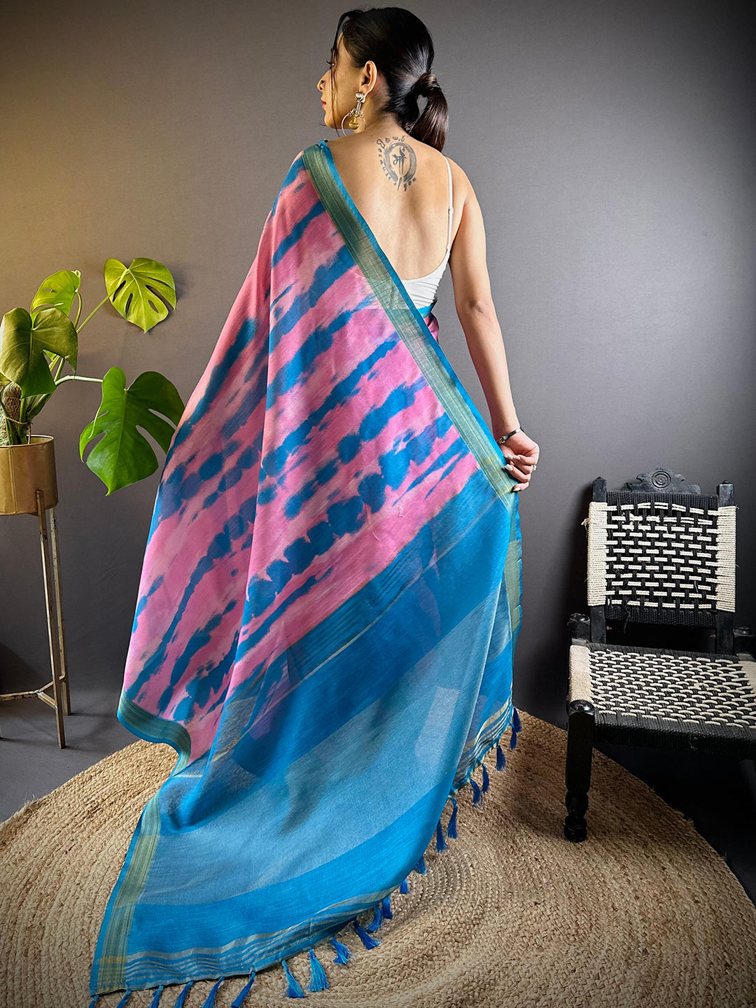 Pink Shibori Print Linen Saree