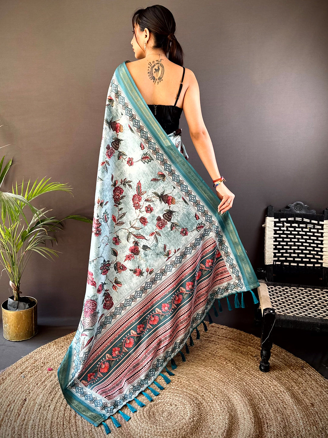 Sky Blue Soft Silk Kalamkari Print Saree