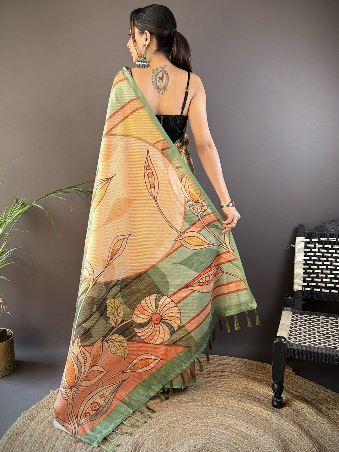 Back view of Jade Green Zari Tussar Saree with floral print