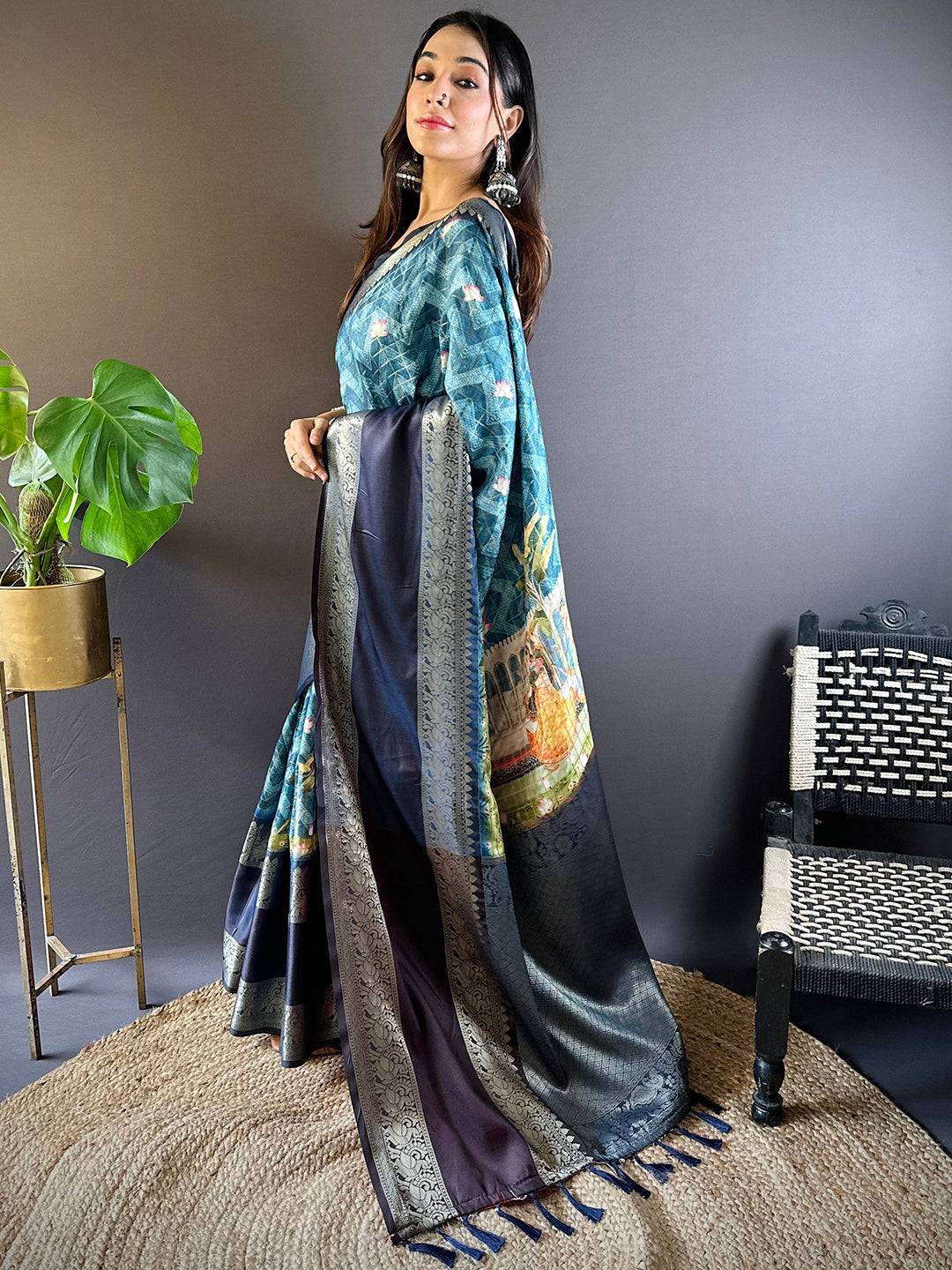 Teal Banarasi Pichwai Print Saree