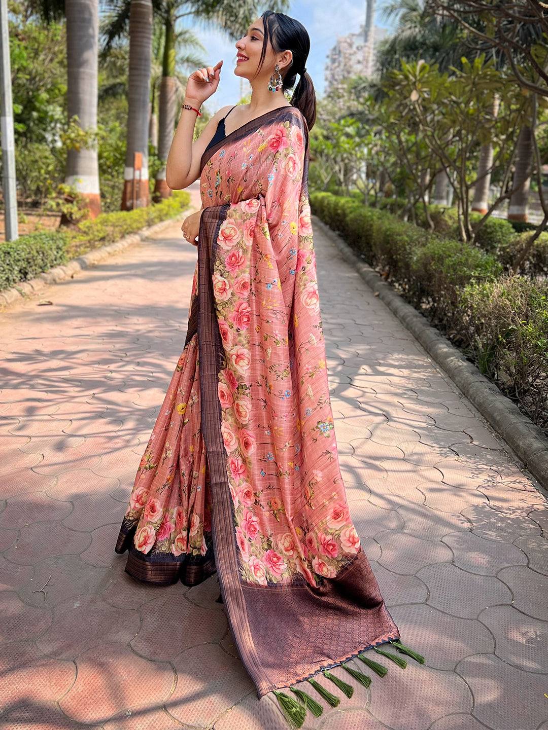 Peach Soft Silk Copper Zari Weaving Digital Floral Saree