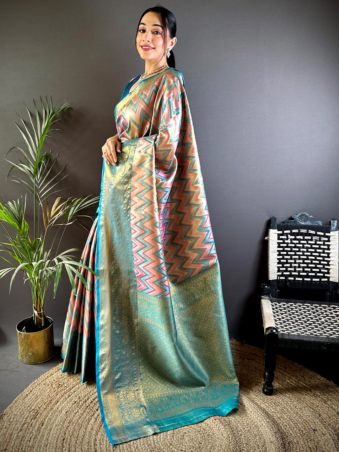 Radiant Rama Zigzag Dharmavaram Silk Saree