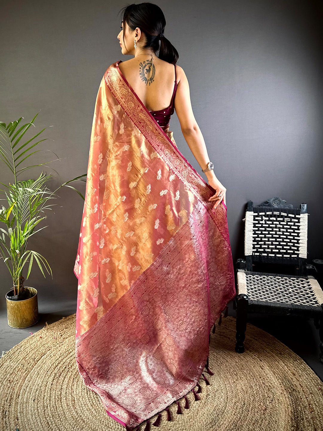 Regal Wine Kora Tissue Saree