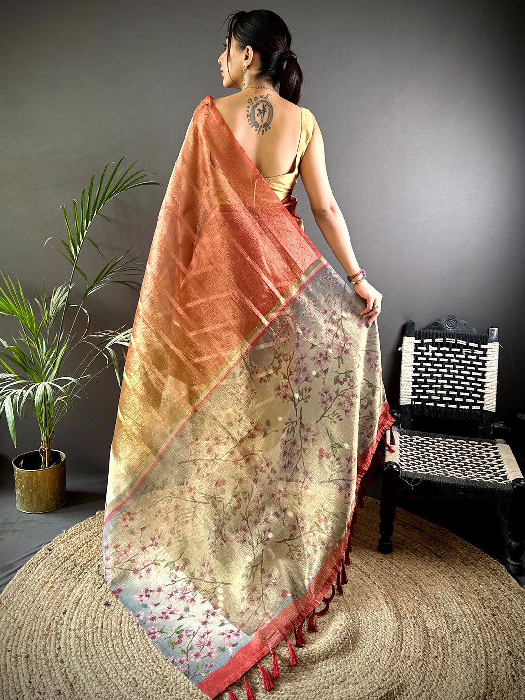 Red Ombre Zari Tissue Digital Print Saree