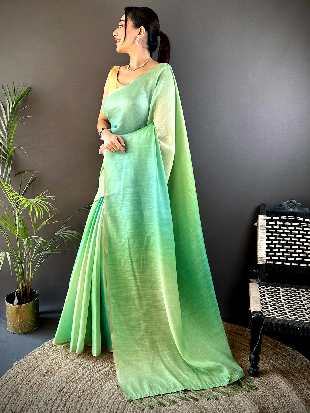 Green Ombre Chanderi Tissue Saree