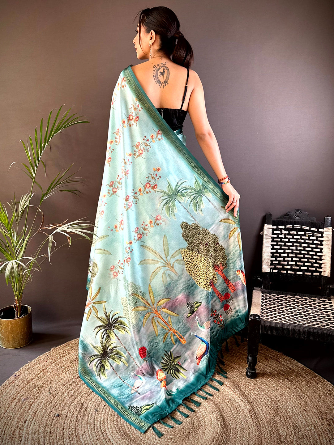 Sky Blue Jungle Printed Silk Saree