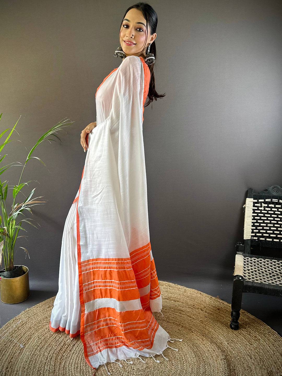 Bhagalpuri Linen Saree With Orange Small Patti