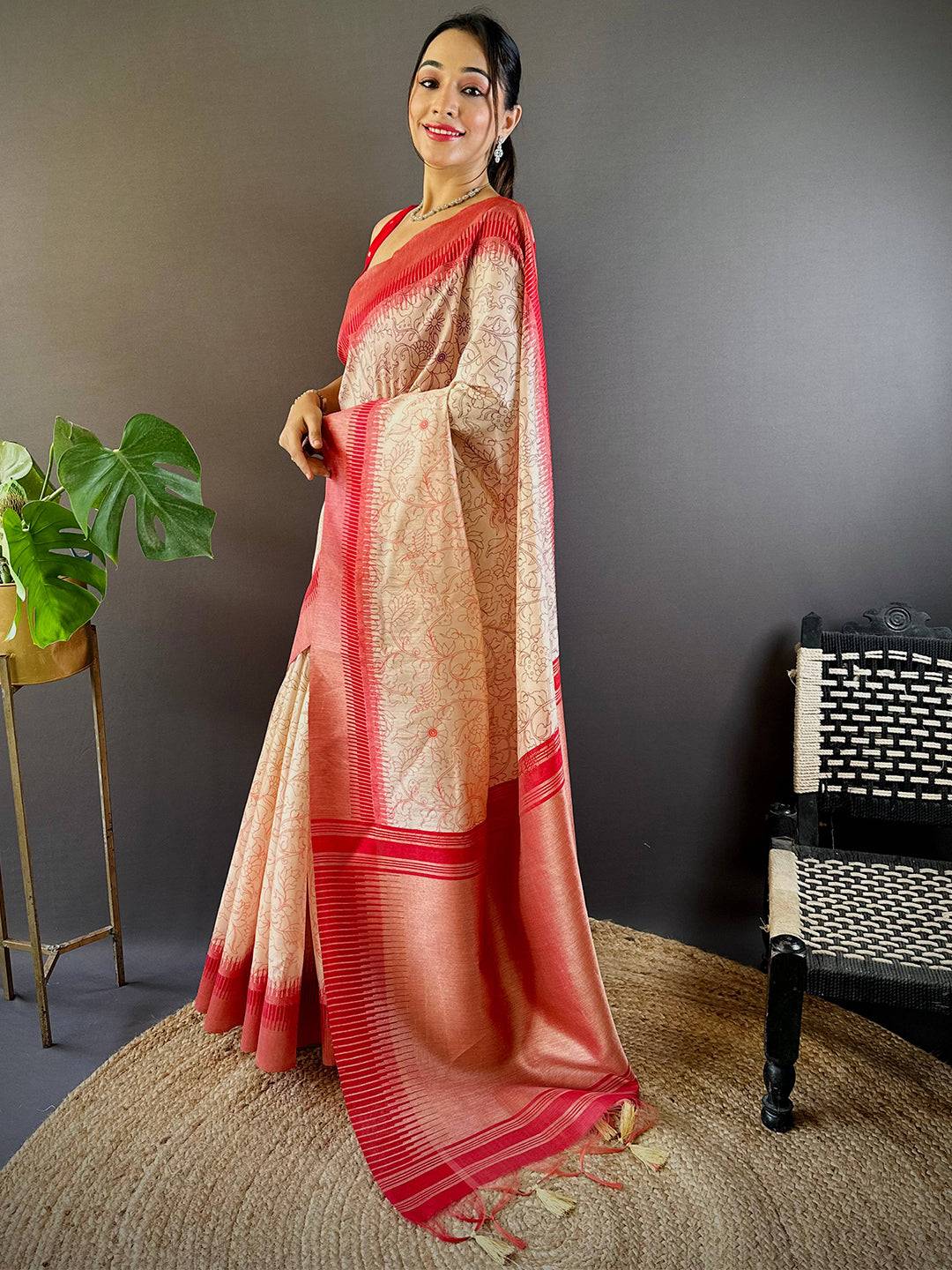 Rust Floral Tussar Silk Saree