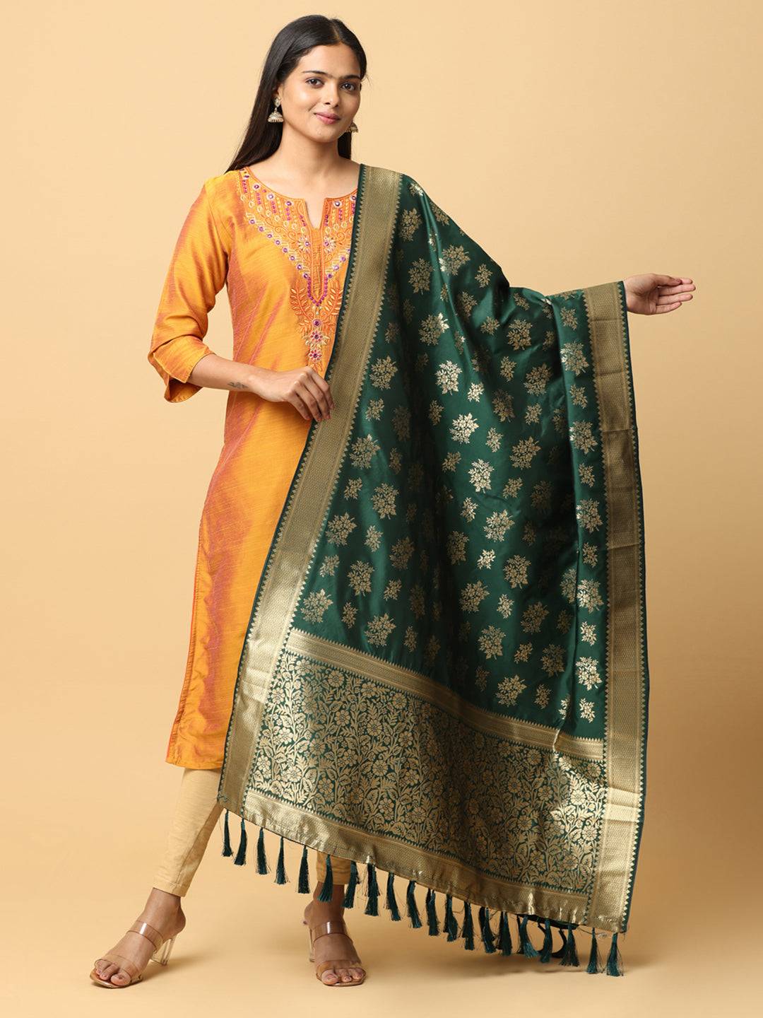 Dark green silk blend dupatta with resham tassels