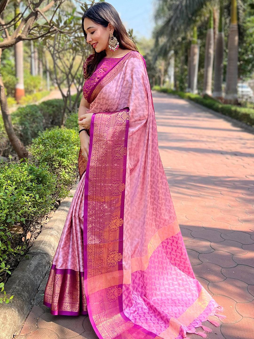 Luxurious Kanjivaram saree draped elegantly outdoors