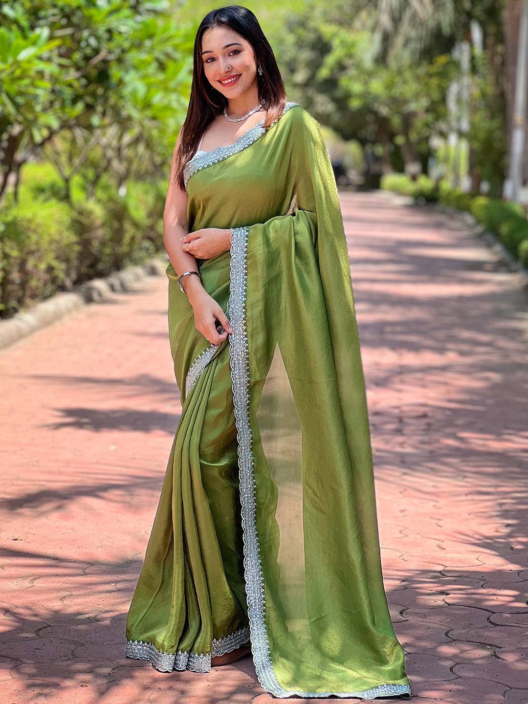 Elegant Forest Green Viscose Saree with Silver Border