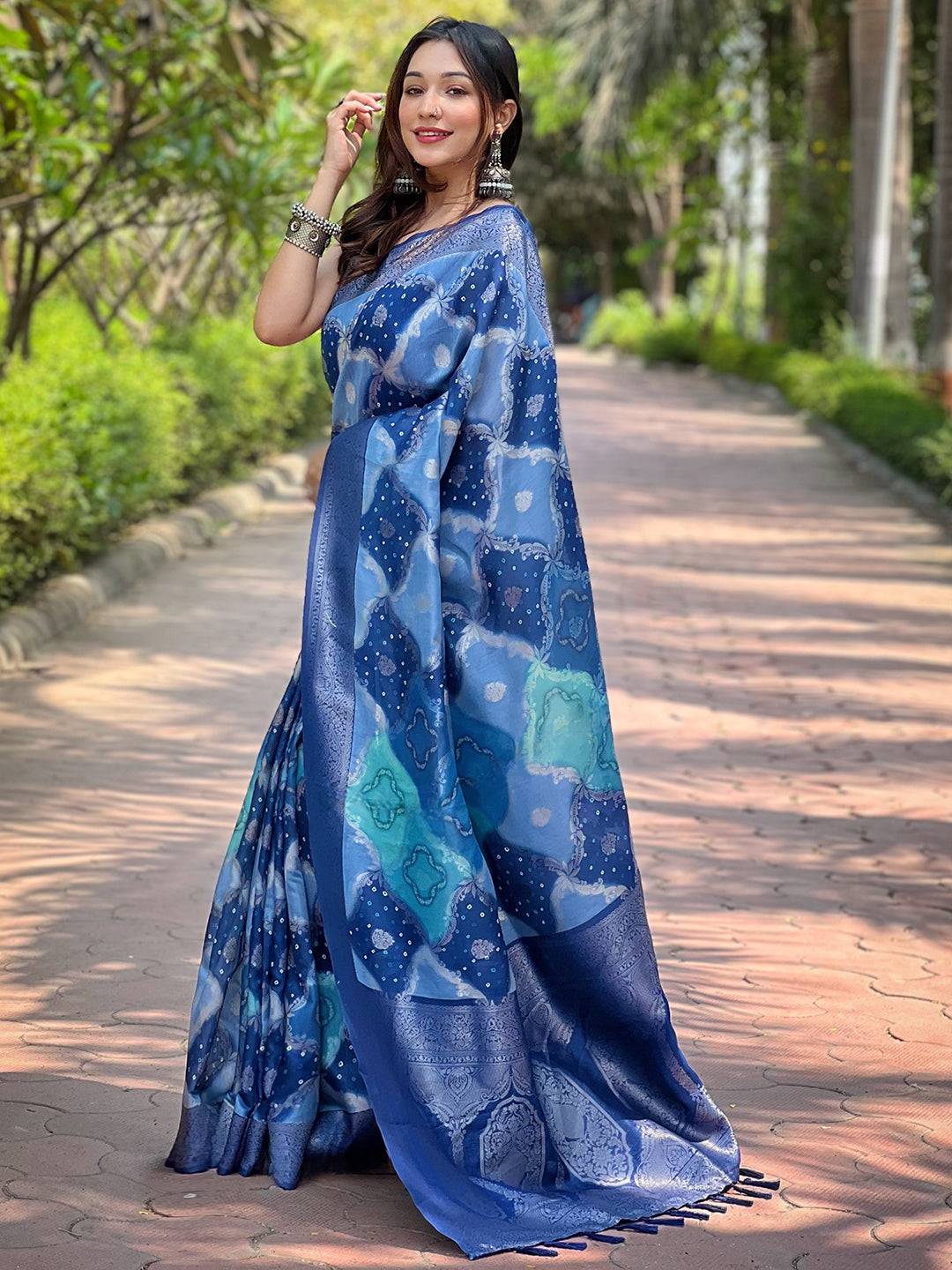 Blue Digital Block Placement Print Saree