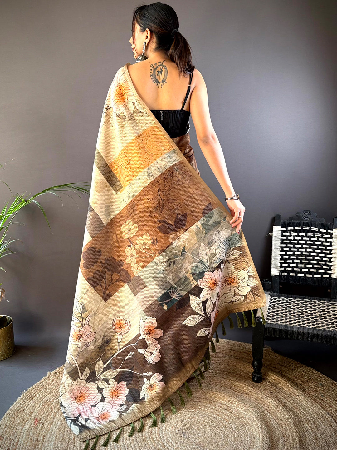 Dark Khaki Semi-Gold Zari Abstract Tussar Saree