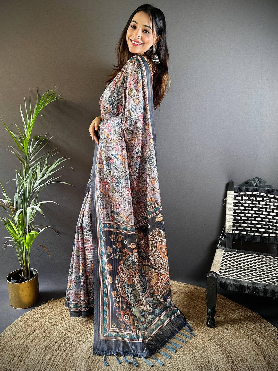 Grey Kalamkari Stripes Chanderi Saree