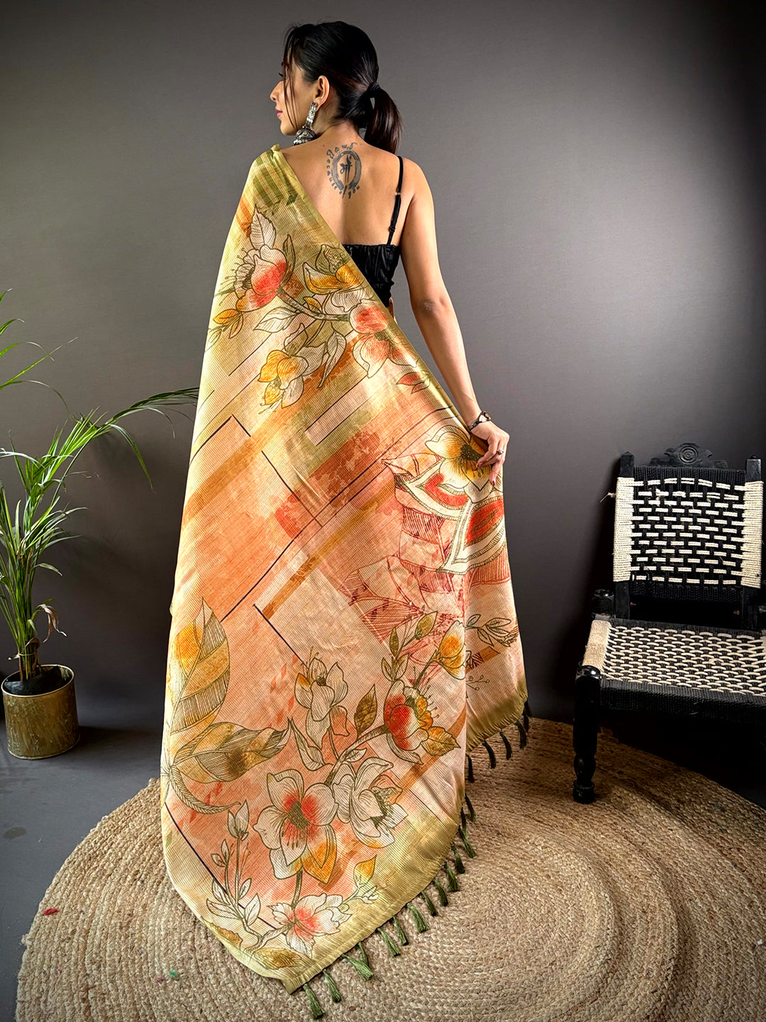 Olive Tussar Silk Lush Botanical Prints Saree