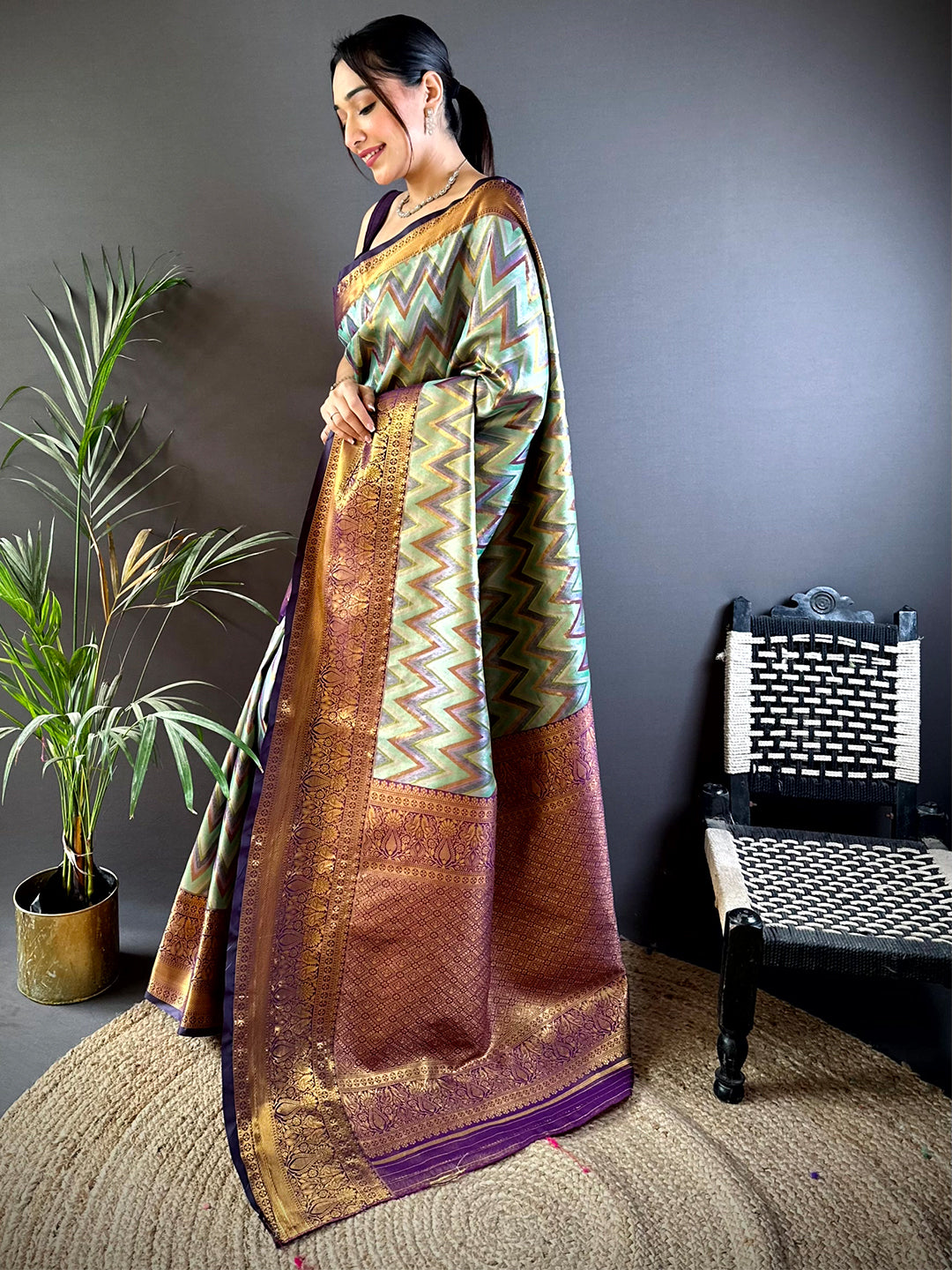 Majestic Brown Zigzag Dharmavaram Silk Saree