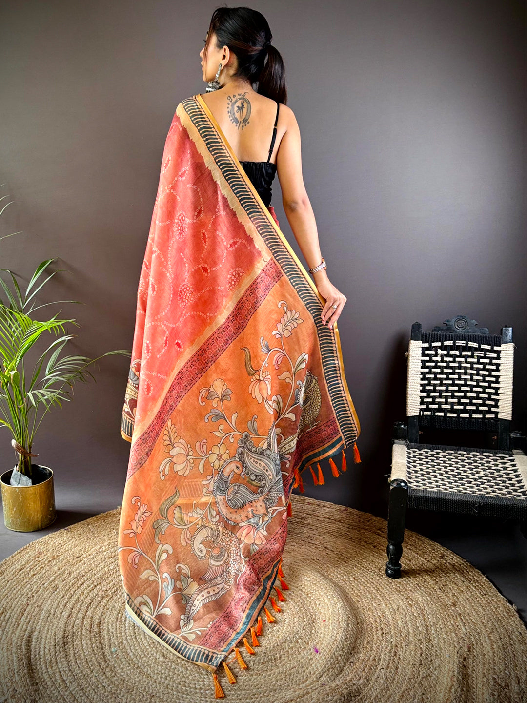 Rose Red Floral Chanderi Saree