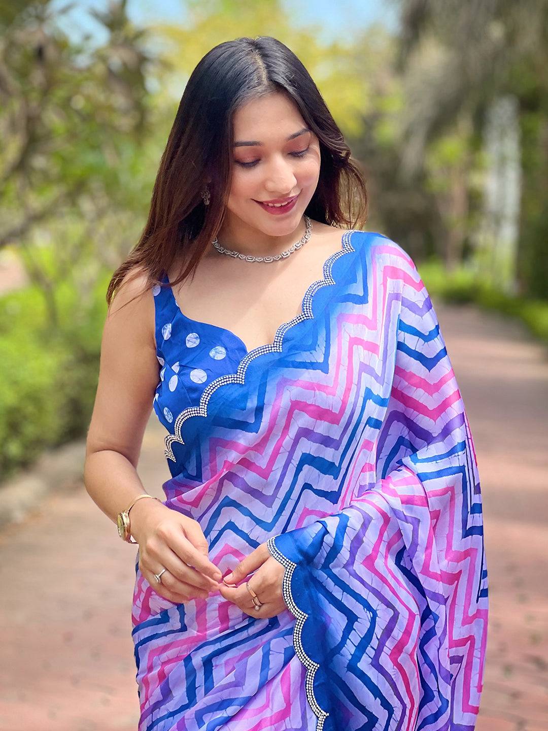 Stylish Leheriya And Striped Print Saree