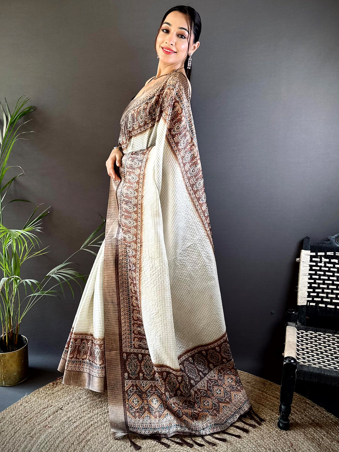 Brown Soft Silk Floral Digital Saree