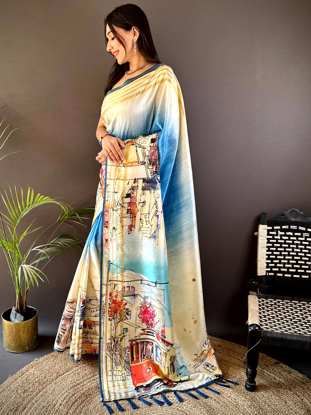 Blue Japanese Freehand Digital Print Saree