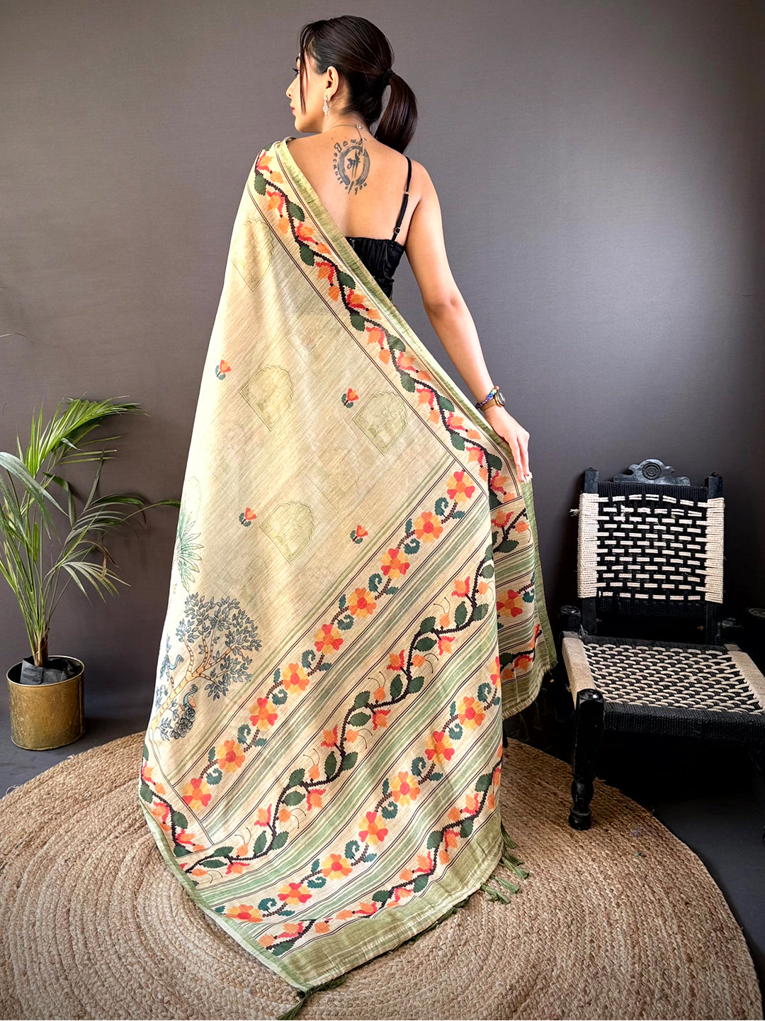 Swamp Green Jungle Floral Zari Tissue Saree