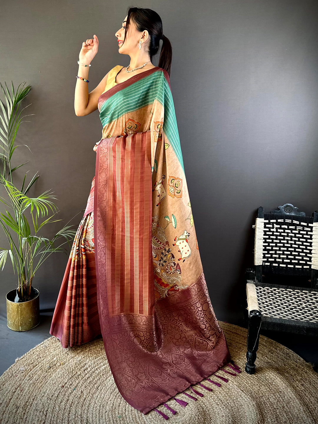 Green Soft Crep Silk Ombre Print Saree