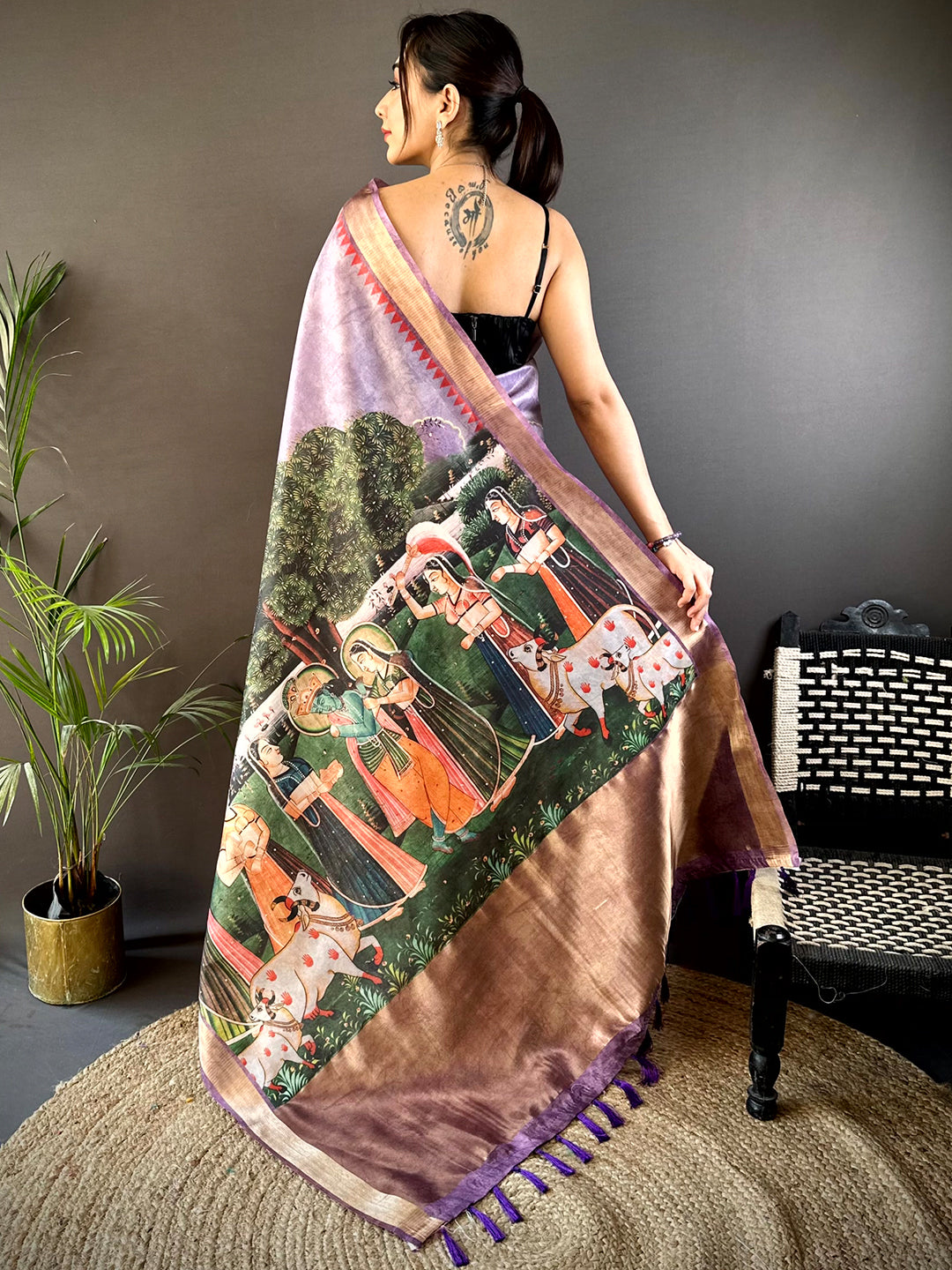 Lavender Soft Silk Tissue Pichwai Print Saree