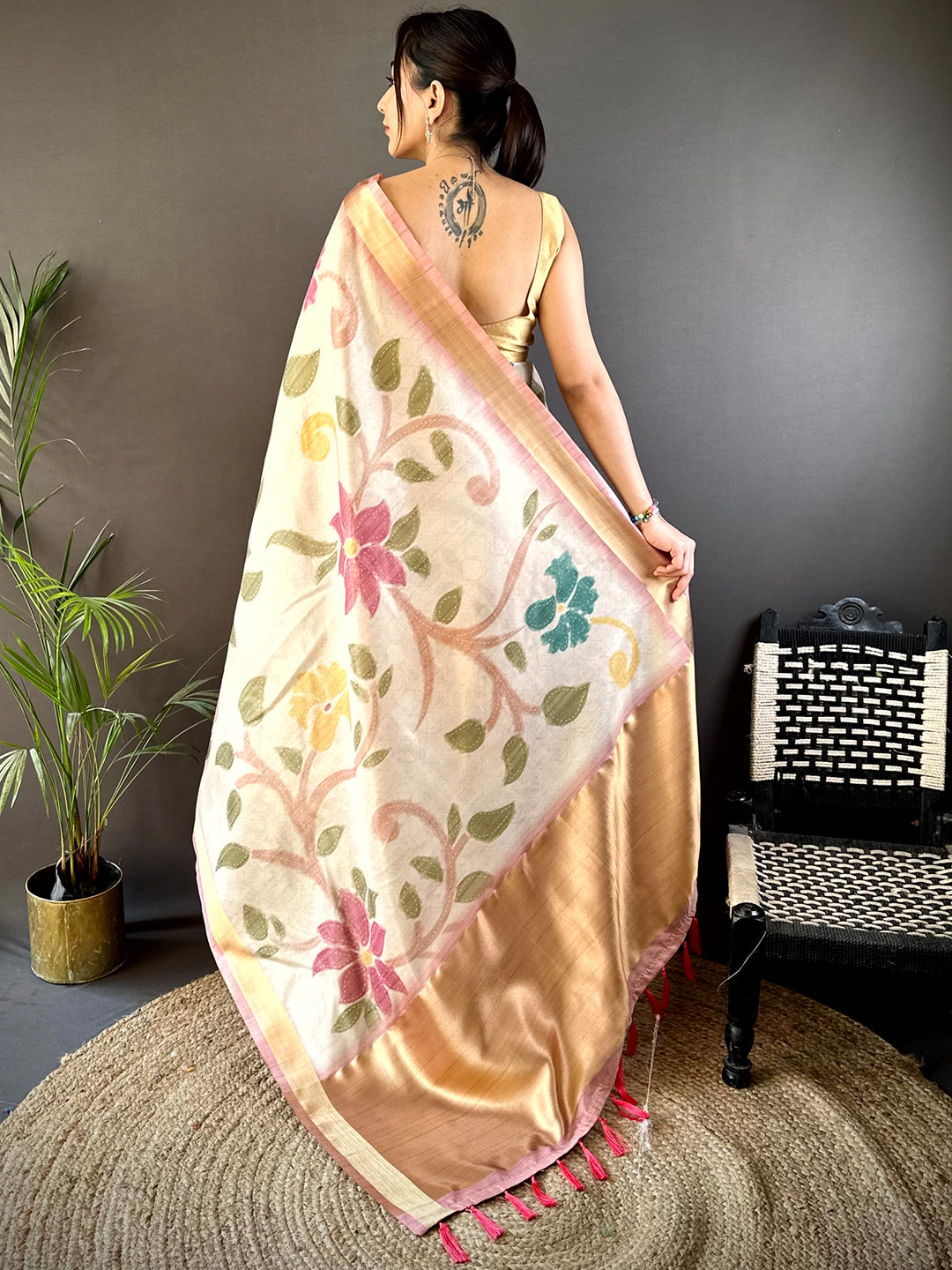 Cream Soft Silk Tissue Floral Print Saree