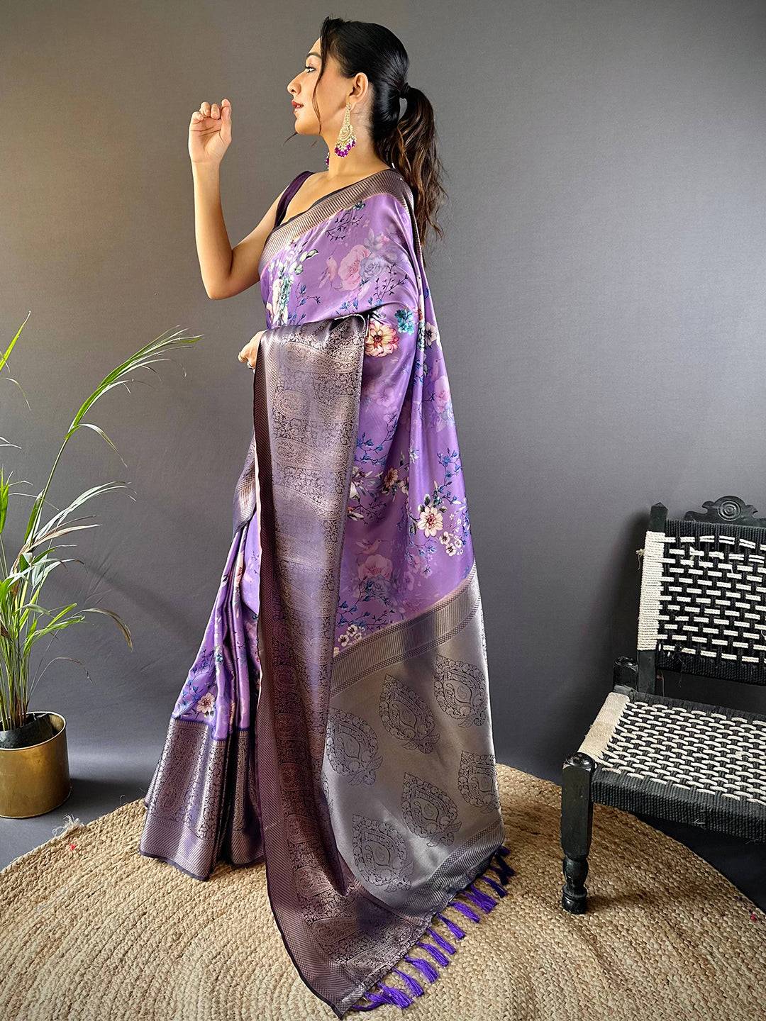 Lilac Purple Satin Silk Floral Print Saree